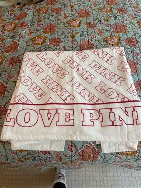 LOVE PINK Logo Beach Towel in White and Red